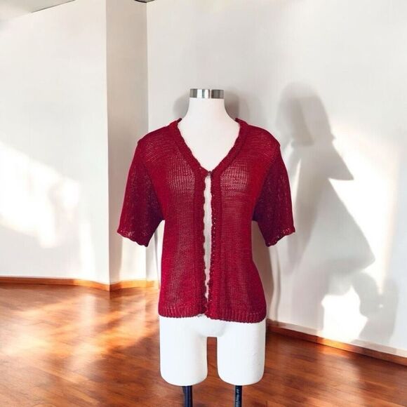 Vintage Sag Harbor Red Short Sleeve Cardigan Top Button Crochet Large - Picture 1 of 7